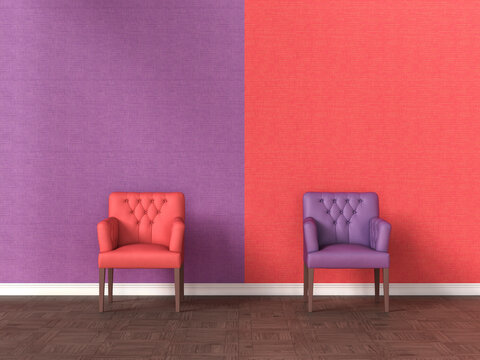 Red and purple armchair against contrasting wall in modern room