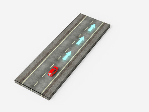 A red car drives on a road with blue arrows