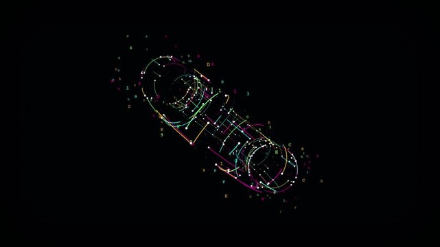 Abstract digital technology background with glowing lines and hexadecimal code particles