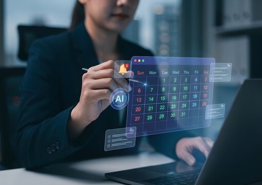 Futuristic AI calendar interface with digital schedule planner, businesswoman managing business appointments with artificial intelligence technology