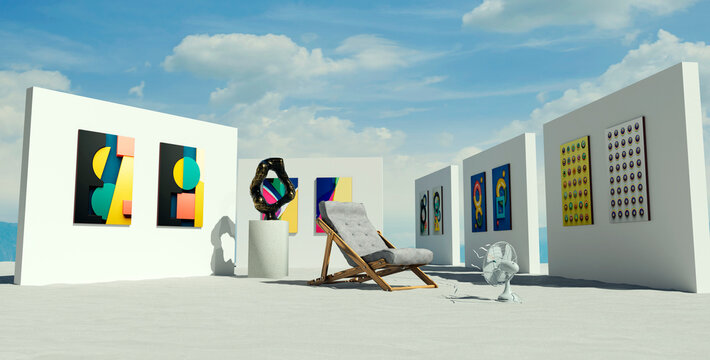 3D rendering of a surreal outdoor art gallery in a desert landscape