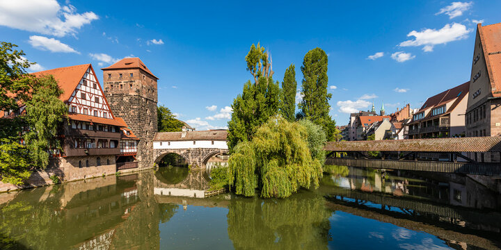 Germany, Bavaria, Nuremberg, Panorama of river Pegnitz, Weinstadel and Wasserturm