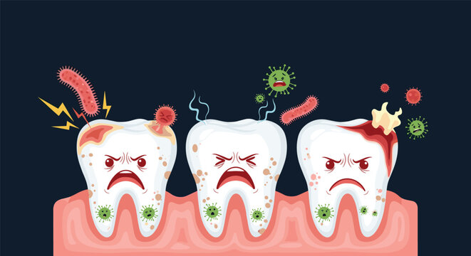 Three unhealthy tooth characters with painful cavities, yellow spots, and bacteria represent dental disease and poor oral hygiene.