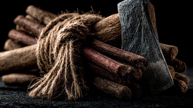 A bundle of wooden rods bound together with an axe blade emerging.