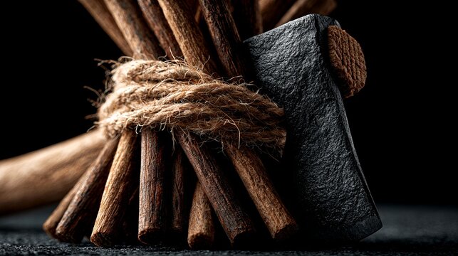 A bundle of wooden rods bound together with an axe blade emerging.