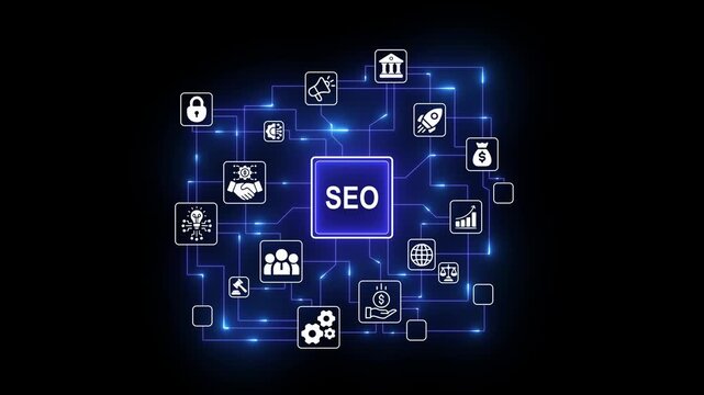 SEO Search Engine Optimization digital marketing traffic growth network concept on black background.