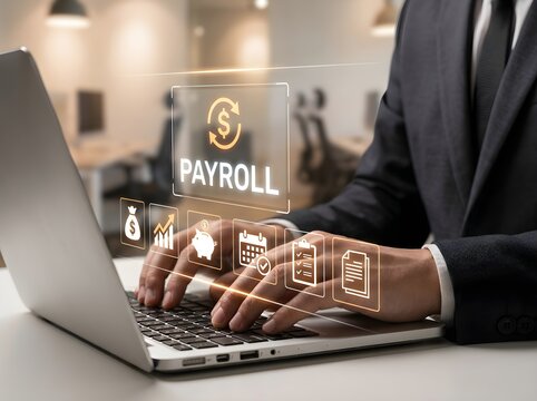 Payroll management software interface on laptop, businessman processing digital salary payments, corporate accounting and financial human resources
