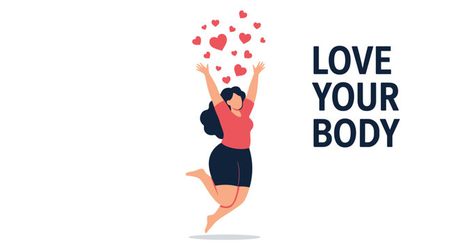 Happy plus size woman jumping in the air with hearts around her celebrating body positivity and self acceptance.