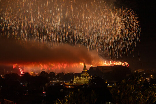 Fireworks Celebration Over That Luang Stupa During Lao National Day in Vientiane, Laos