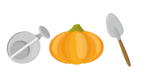 Gardening tools and autumn harvest set with orange pumpkin watering can and shovel isolated on white background © Julllia
