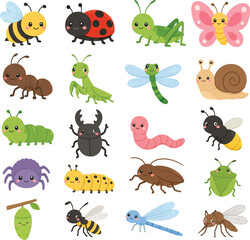 Naklejka premium Cute Insect Collection, Flat Vector Illustration Set of Insects