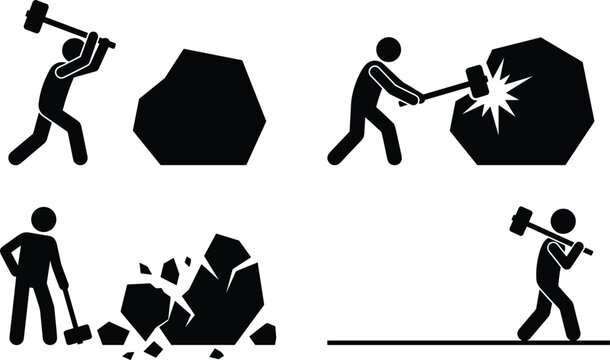 Sledgehammer Stone Breaking Stick Figure Icon Set with Worker Quarry Mining and Labor Symbols for Industrial Construction Hard Work Web and App Designs