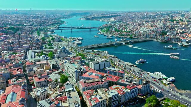 Aerial view of the Golden Horn in Istanbul, Turkey. The waterway separates Fatih from Galata, with Galata Bridge, boats, busy waterfront roads and dense city skyline across the scene.