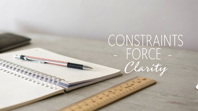 Inspirational Desk Setup with Notebook, Pen, Ruler, and Motivational Text Emphasizing Clarity through Constraints