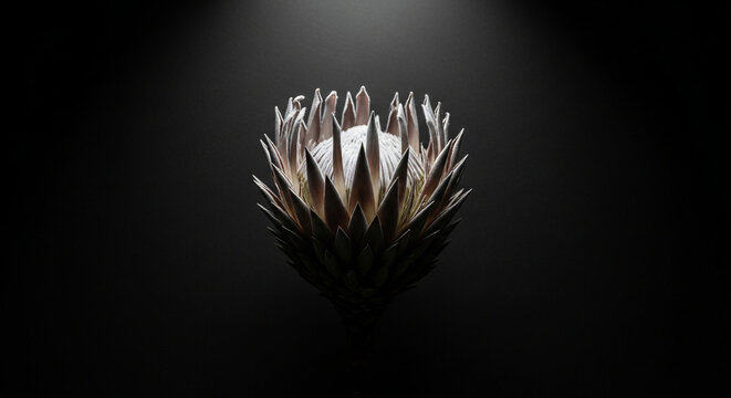Dramatic closeup of a king protea flower in spotlight