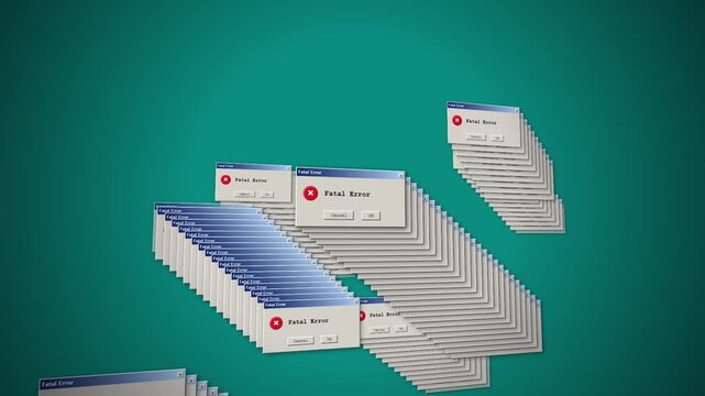 A digital art composition featuring multiple cascading windowsstyle fatal error popup dialog boxes arranged in a percentage sign pattern against a solid teal background