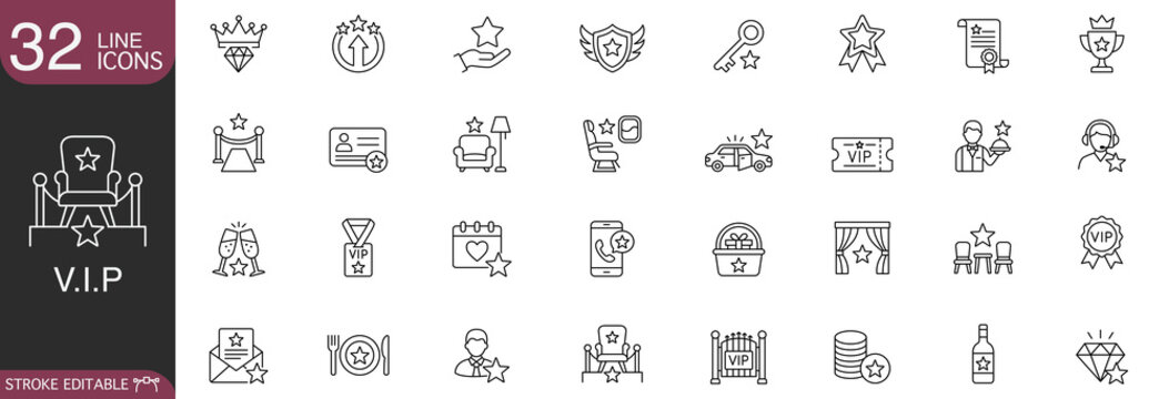 VIP and premium service line icon set containing vector symbols of luxury privileges, exclusive rewards, red carpet, status, and high-end lifestyle with editable stroke