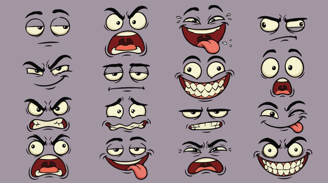Cartoon face expressions set comic mouth and eyes with various emotions vector