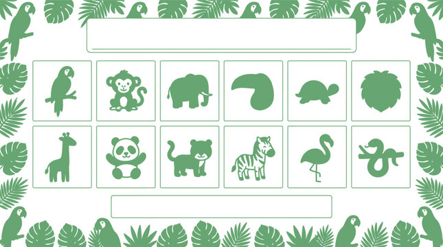 Jungle Animals Collection Cartoon Icons Set Green Tropical Leaves Border