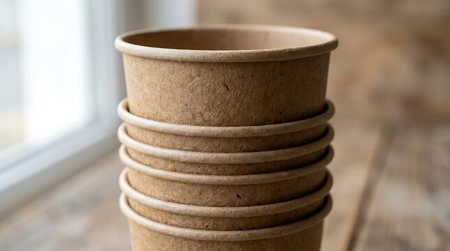 Stack of empty brown paper bowls for food on a wooden table. recycled cup stack