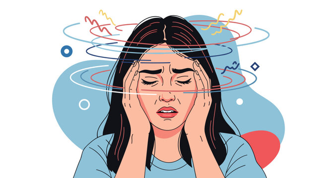 Young woman holding her head with an expression of intense dizziness, vertigo, headache, or severe migraine in a cartoon style.