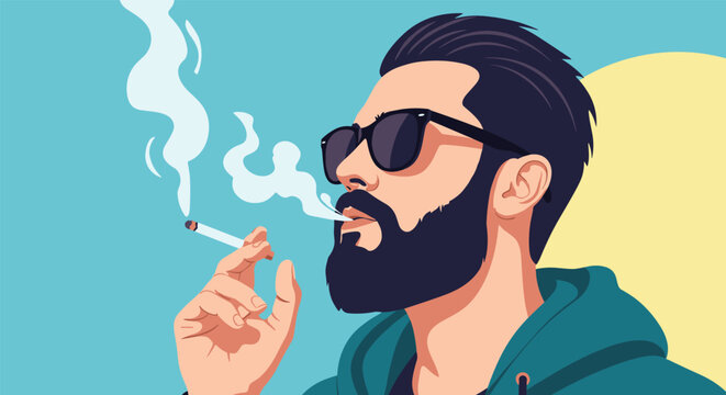 Stylish young man with a thick beard and sunglasses smoking a cigarette while blowing out clouds of white smoke.