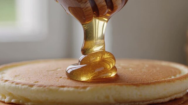 Golden honey syrup pouring onto fluffy pancake stack close up in soft morning light