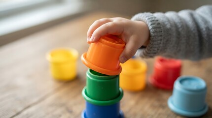 Obraz premium A toddler hand stacking colorful plastic nesting cups on a wooden table, focusing on early childhood development and playful educational activities