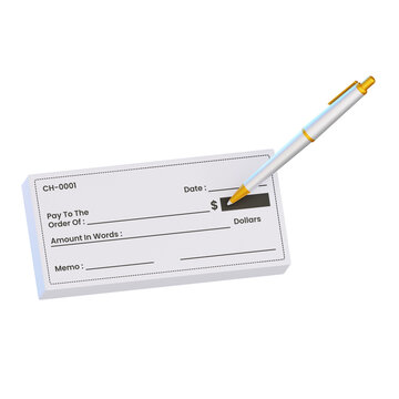 White checkbook icon with elegant pen for business banking payment 3D rendering
