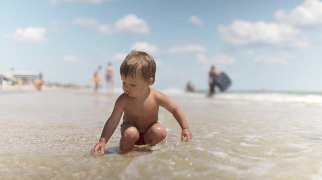 Kid collects shells and pebbles in the sea on a sandy bottom under the summer sun on a vacation