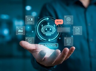 Fototapeta premium Artificial intelligence agents concept with chatbot interface. Digital AI agents icons for video, image, text and code generation on hand.