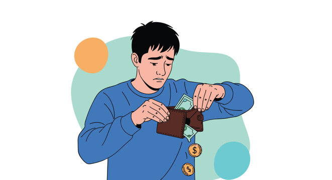 Sad young man holds an empty wallet with remaining paper bills and golden coins falling down to the ground.