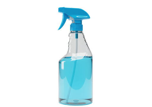 A 3d rendered trigger spray bottle with luminous light blue cleaning fluid isolated on a transparent background. Concept for cleaning product advertising