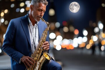 Obraz premium Musician plays saxophone under the moonlight in a vibrant city setting at night
