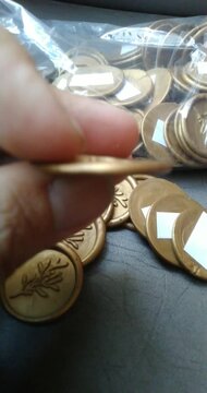 Close up of hand holding old coins with tree symbol.