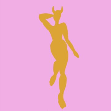 Hand-drawn dancing she devil silhouette on pink. Minimalist horned demon girl character illustration. Vibrant pop art female monster icon for creative design.