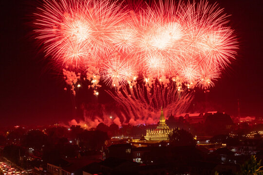 Fireworks Celebration Over That Luang Stupa During Lao National Day in Vientiane, Laos