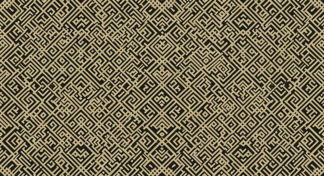 Seamless gold and black Fulani tribal pattern with intricate geometric motifs, interlocking line art, and traditional West African ethnic square designs for textiles and backgrounds.