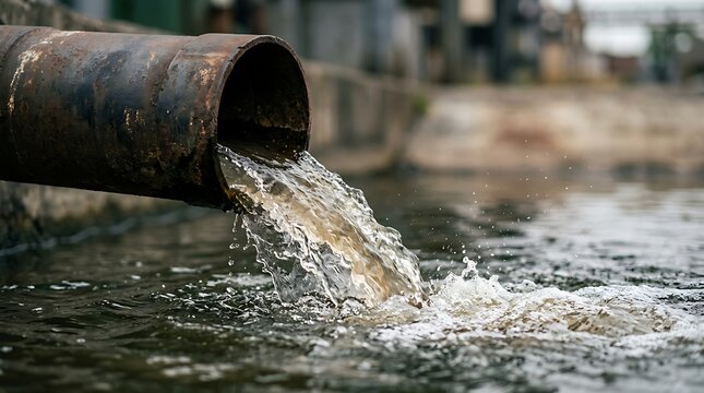 Close up of a rusty industrial metal pipe discharging murky wastewater into a dark river representing environmental pollution and water contamination