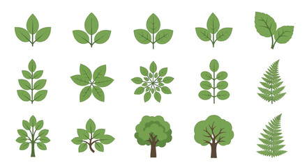 Fototapeta premium Collection of fifteen flat green foliage icons featuring various leaf shapes, botanical fern fronds, and tree silhouettes isolated on white for nature and environment design projects.