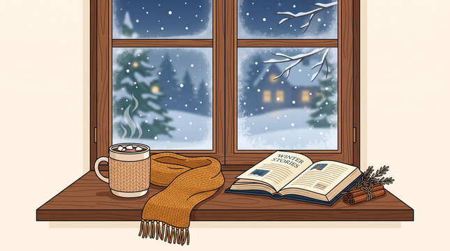 Cozy Winter Hot Cocoa by Frosted Window Vector