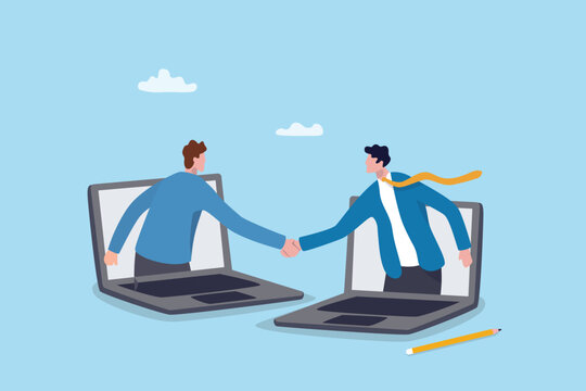 Handshake agreement for business partnership or remote job interview, online negotiation or client deal collaboration virtual meeting, businessman partner from computer laptop handshaking teamwork.
