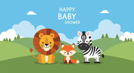 Fototapeta premium Adorable cartoon baby animals including a lion, fox, and zebra celebrating a happy baby shower in a green grassy field.