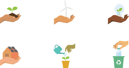 Fototapeta premium Ecology and Green Energy Icon Set Featuring Hands Holding Plant Wind Turbine Solar House Bulb and Recycling Bottle Elements Vector Illustrations