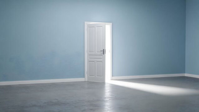 Empty room with open white door with allowing sunlight illuminate space ajar allowing architecture construction illuminated baseboard interior concrete indoor design floor blue wall