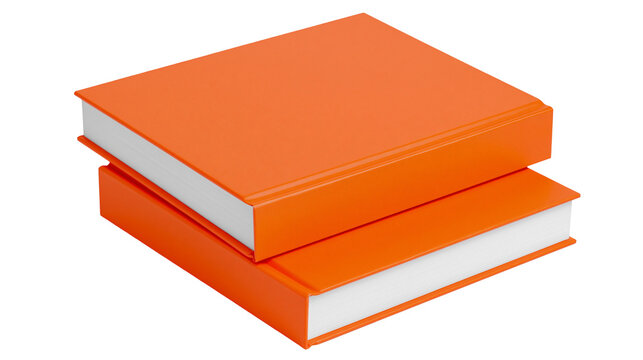 Two stacked orange hardcover books with white pages, isolated on transparent background