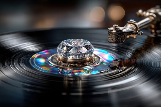 Vintage record player with a brilliant diamond on the vinyl surface reflecting colorful lights