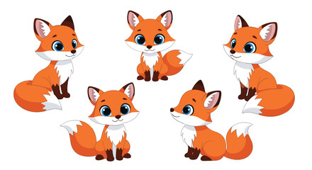 Fototapeta premium Set of five cute little red foxes with big blue eyes shown in various sitting poses isolated on a white background.
