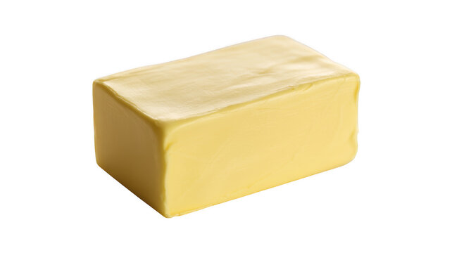 A single rectangular block of yellow butter with a smooth surface, captured from a angle against a black background, for food advertisement