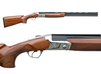 Obraz premium Over and under shotgun with engraved receiver detail, isolated on white back